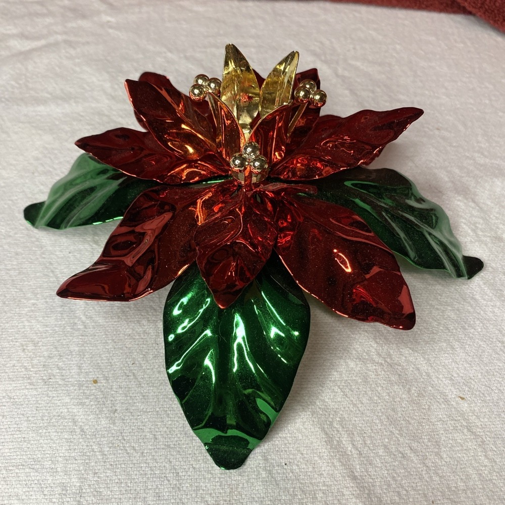 Vtg Dept 56 Christmas Poinsettia Metal Taper Candle Holder Red Green Gold